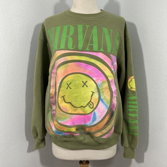 Nirvana Tops - Nirvana Sweatshirt Womens S‎ Petite Green Crew Neck Graphic Smile Overdyed Y2K